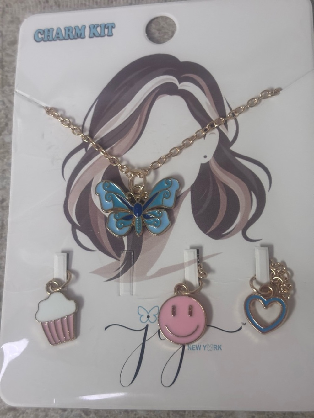 Blue Butterfly Charm Necklace with Pink Smile & Cupcake Charms